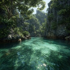 Naklejka premium Tropical Lagoon Calm Waters Secluded Cove Island Paradise Escape