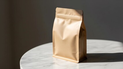 Elegant beige matte stand-up pouch mockup on a marble surface. Perfect for showcasing coffee, tea, or snack packaging designs in a photorealistic and professional branding presentation.