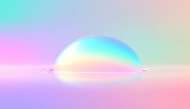 Abstract 3D render of a surreal iridescent dome on a reflective surface with a soft pastel gradient background