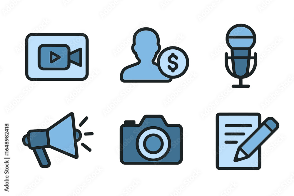 Poster creative elements representing digital content creation tools and activities in a minimalistic desig