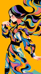 Artistic Portrait Anime of a Woman with Long Flowing Hair in a 60s Psychedelic Pattern Dress.