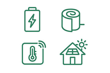 Energy efficient home features with insulation, battery storage, and climate control elements depicted in green line icons