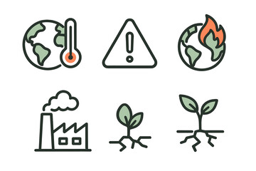 Symbols representing climate change and environmental awareness through icons depicting Earth's temperature, warnings, and pollution