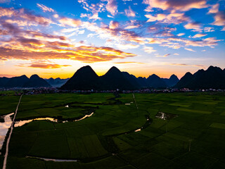 Drone aerial view of landscape mountains view in sunrise or sunset time,High angle view over...