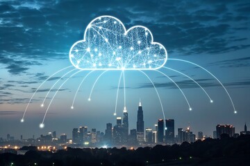 Digital cloud network connecting to futuristic cityscape at dusk