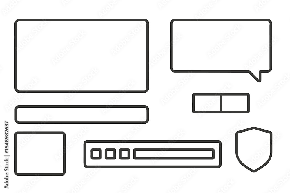 Poster graphic elements for web design including frames, buttons, and speech bubbles on a white background
