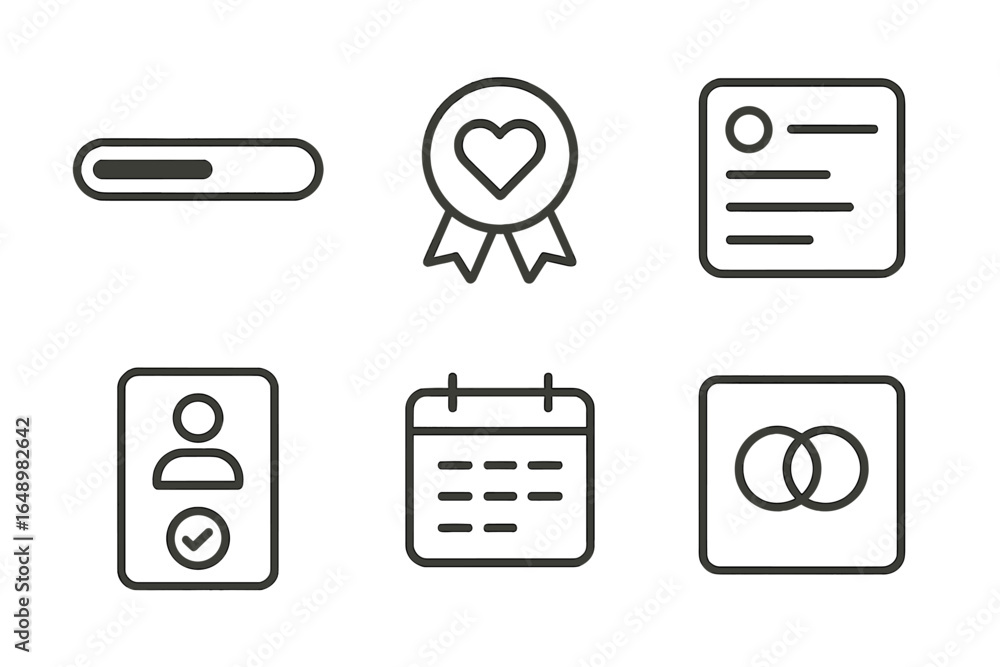Poster icon collection featuring symbols of achievement, user profiles, and scheduling in a minimal design 