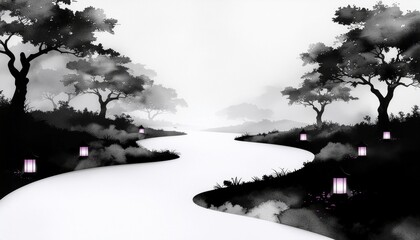 Mystical monochrome landscape with a winding river path illuminated by glowing lanterns, in a traditional Asian ink wash style