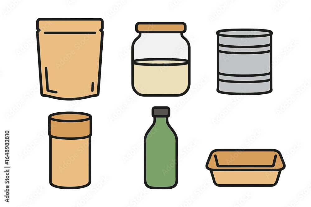 Aufkleber various containers and packaging types arranged on a simple background ready for food storage and or