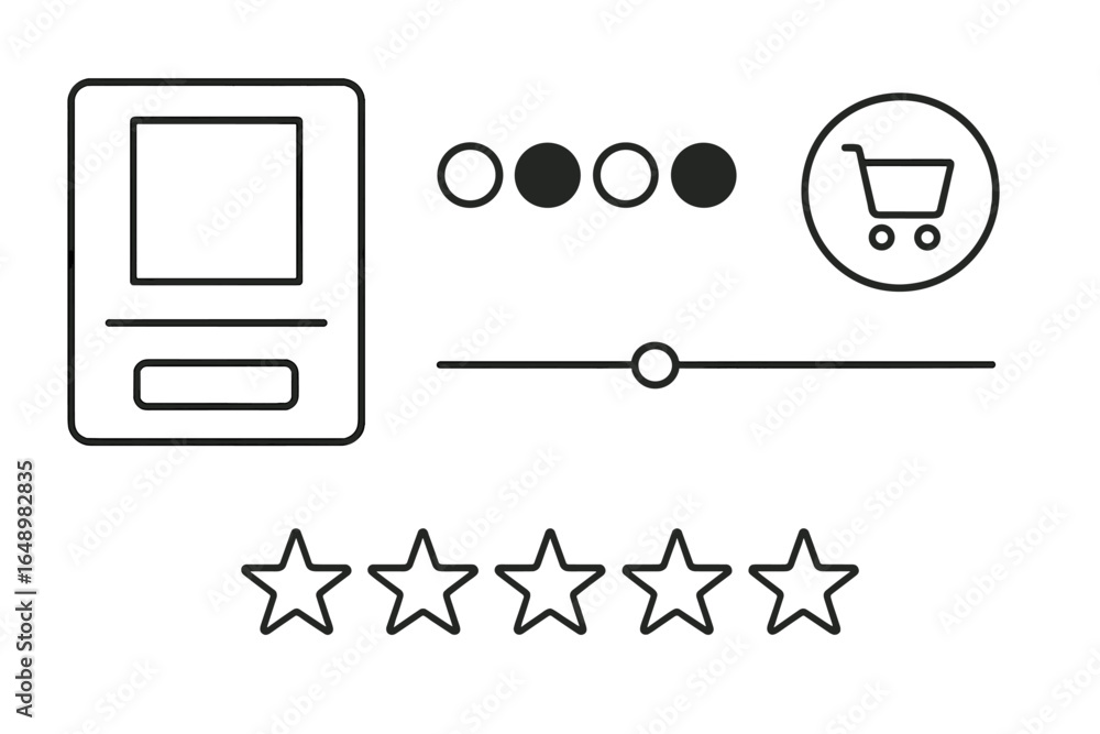 Poster graphic design representing user interface elements for e-commerce including ratings and shopping ca