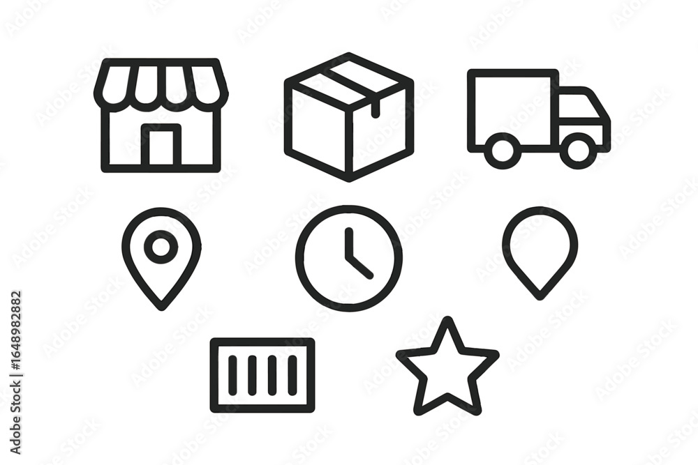 Poster outline of various delivery and location-based icons representing commerce, time management, and shi