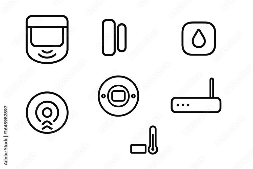 Poster smart home technology icons representing various devices for home automation and monitoring systems