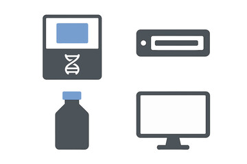 Laboratory equipment including a DNA sequencer, data drive, bottle, and monitor in a research facility