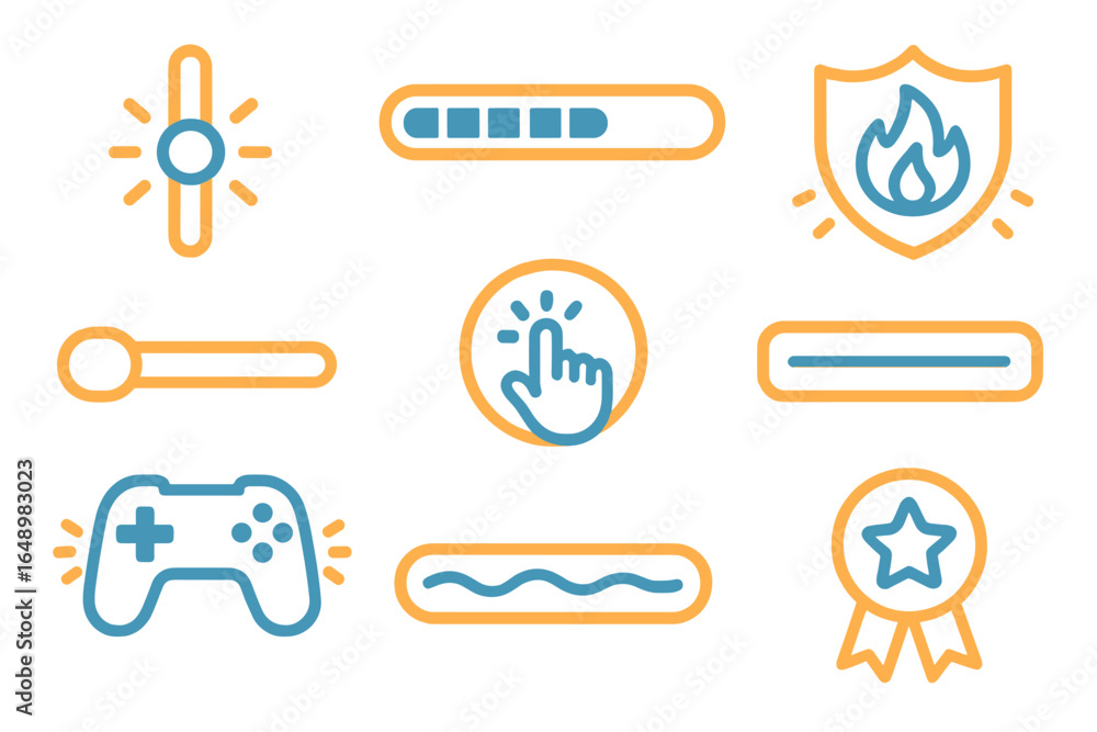 Poster colorful gaming and digital interface icons depicting various actions and features in an engaging de