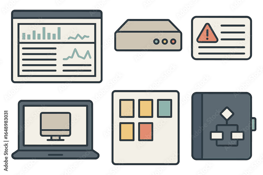 Aufkleber overview of digital devices and user interface elements displayed on a workspace in a modern setting