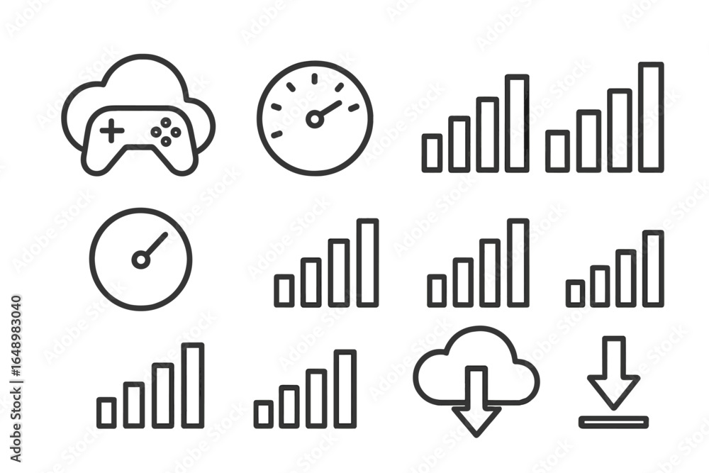 Poster illustrations of gaming icons representing data, performance metrics, and cloud computing trends in 