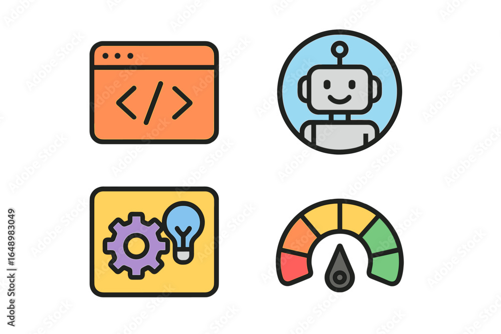 Poster visual representation of digital concepts showcasing coding, robotics, problem-solving, and performa