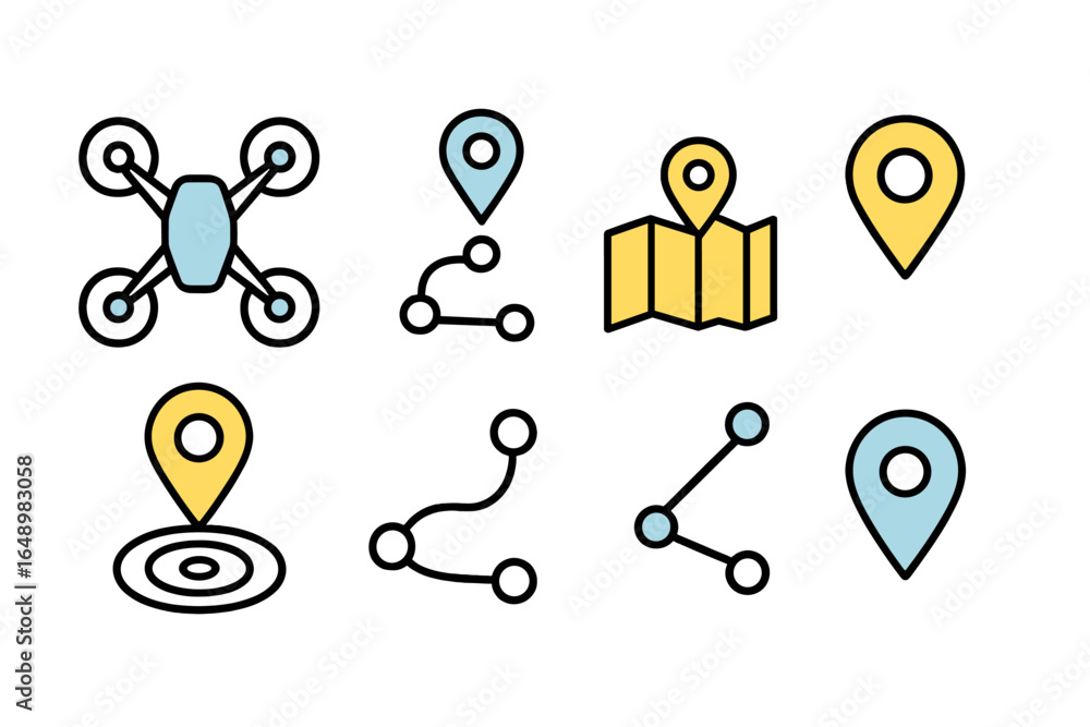 Poster icons representing various navigation and mapping concepts including drones, location markers, and n