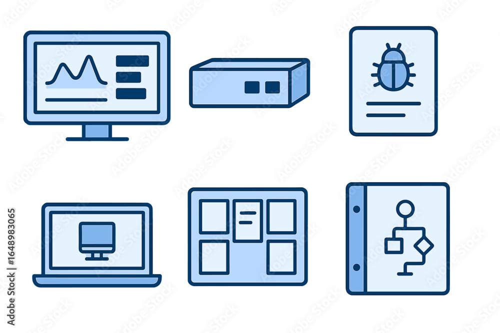 Poster icons representing various technology and digital activities in a minimalistic style for data analys