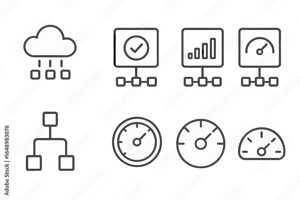 Poster various digital icons representing data management, network performance, and monitoring tools in a m