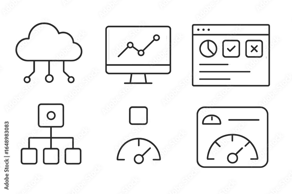 Aufkleber simple line icons representing cloud computing, data analysis, and network architecture in a modern 