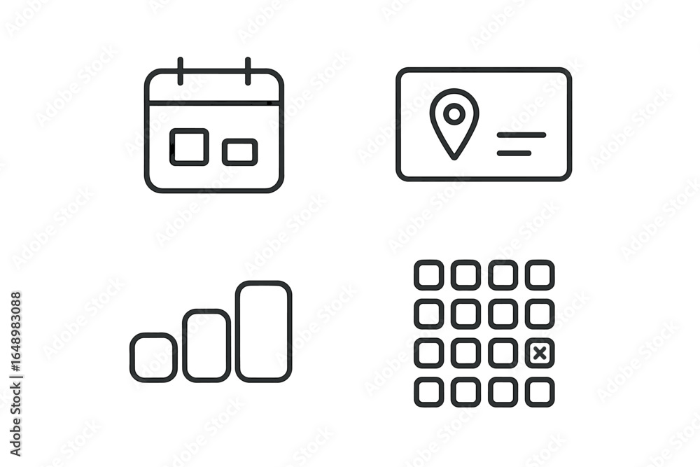Poster icons representing scheduling, location, data visualization, and user interface design in a minimali