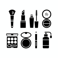 Collection of makeup icons including lipstick mascara brushes and compacts silhouette isolated on white background