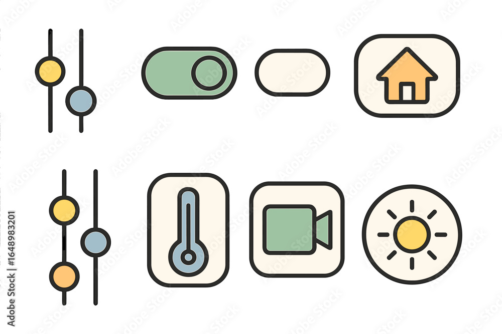 Poster user interface icons represent various functions including temperature control, media, and brightnes