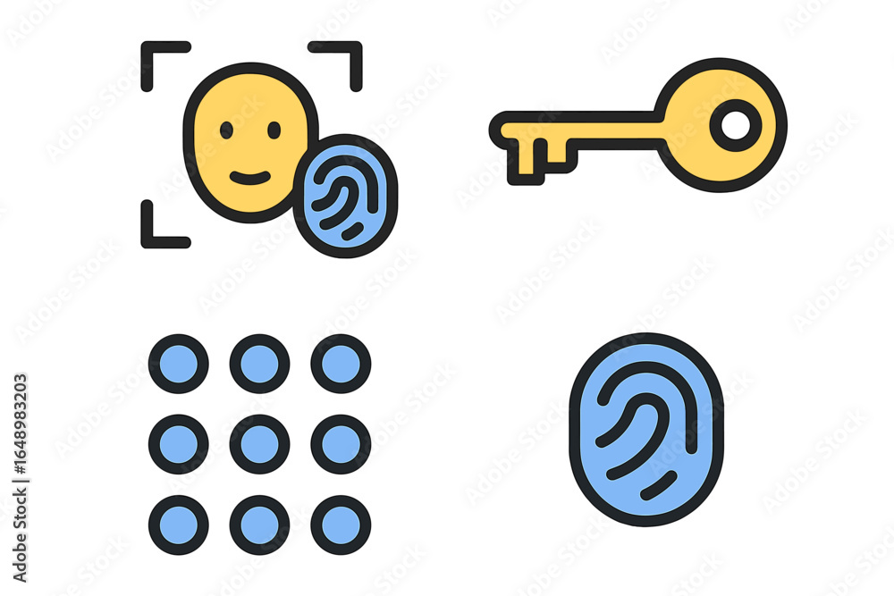 Poster modern security methods showcased through biometric icons and fingerprint designs for accessing tech