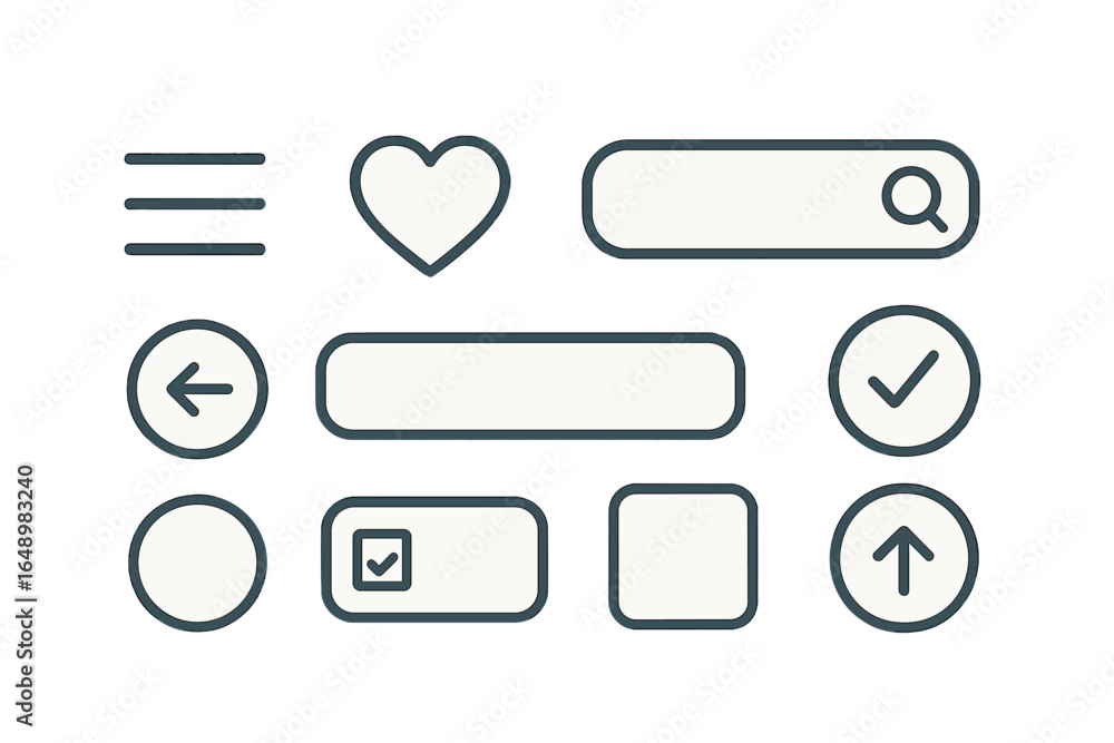 Aufkleber collection of user interface icons for web and app design featuring buttons, search bar, and navigat