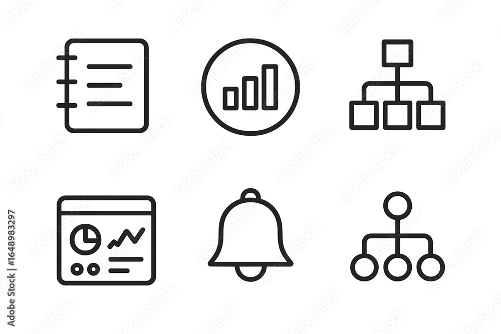 Aufkleber collection of icons representing data analysis, notifications, and organizational structures in a mi