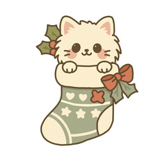 Cute kitten inside Christmas stocking with bow and holly cartoon illustration