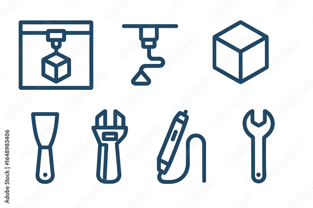 Aufkleber tools and equipment for 3d printing and design presented in a clean layout with simple icons