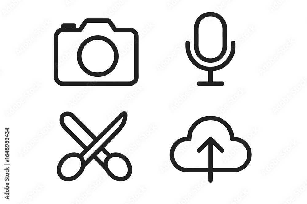 Poster creative tools for digital content creation featuring a camera, microphone, scissors, and cloud uplo