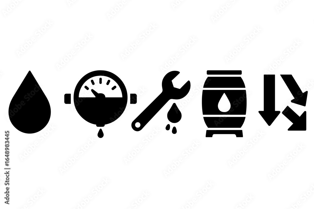 Poster water management symbols representing various aspects of monitoring and maintenance in a utility set