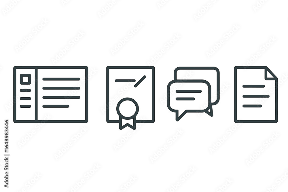 Poster various document icons representing communication, certification, and information exchange in a digi