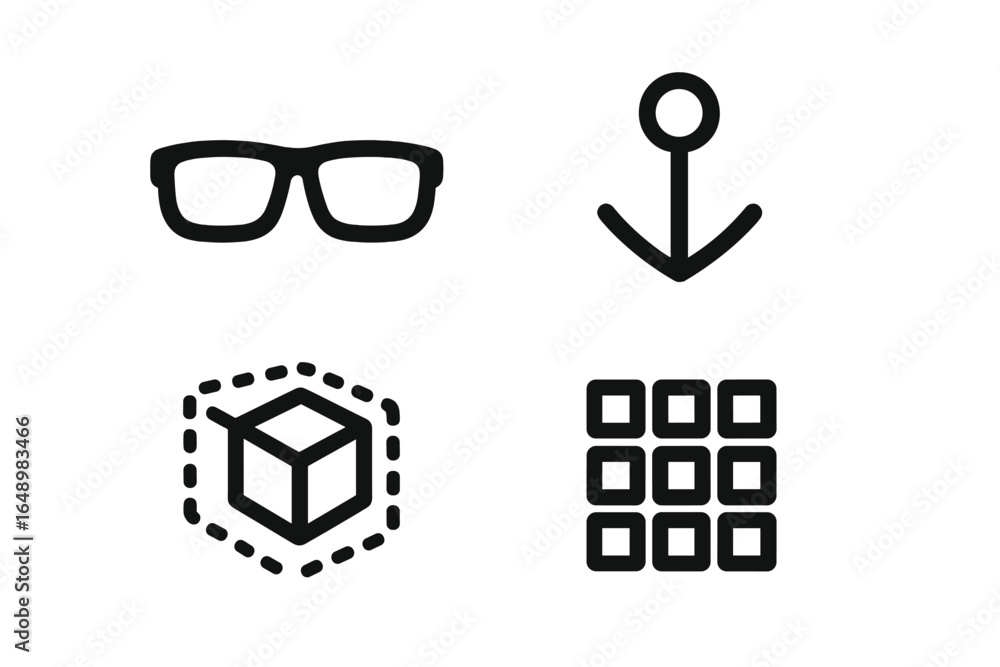 Poster collection of simple black icons representing glasses, an anchor, a 3d cube, and a grid pattern desi