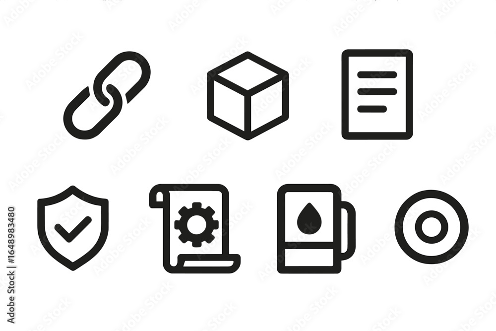 Poster icons representing various concepts such as security, organization, and documentation in a minimalis