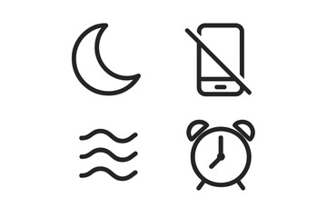 Nighttime relaxation symbols representing peace, disconnecting from devices, calm water, and alarm clocks for better sleep