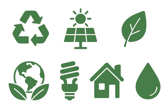 Symbols representing environmental sustainability and renewable energy initiatives in a modern design setting