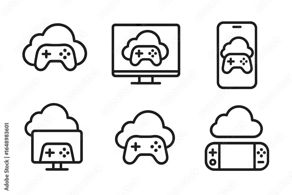 Poster cloud gaming icons representing various devices including console, computer, and mobile, showing int