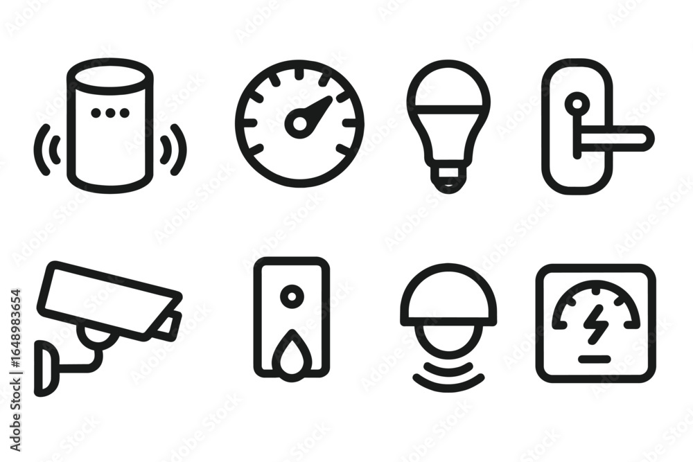 Poster smart home technology icons display various devices for home automation and security in a minimalist