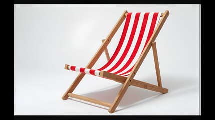 A red-and-white striped deck chair with a wooden frame, front angled view, isolated on white background