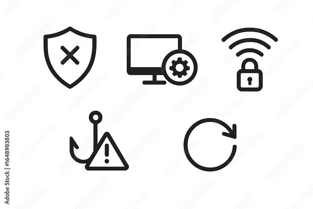 Poster symbols representing cybersecurity concepts with a shield, computer, wi-fi, lock, and warning sign i
