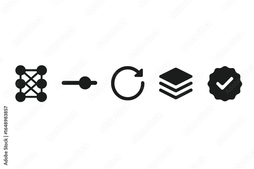 Poster graphic representation of modern digital interface elements including grid, slider, refresh, layers,