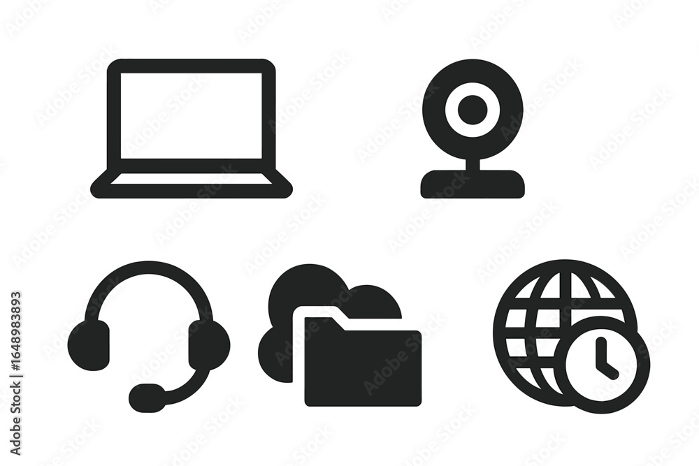 Poster symbols representing technology, communication, data, and global connectivity displayed in a modern 