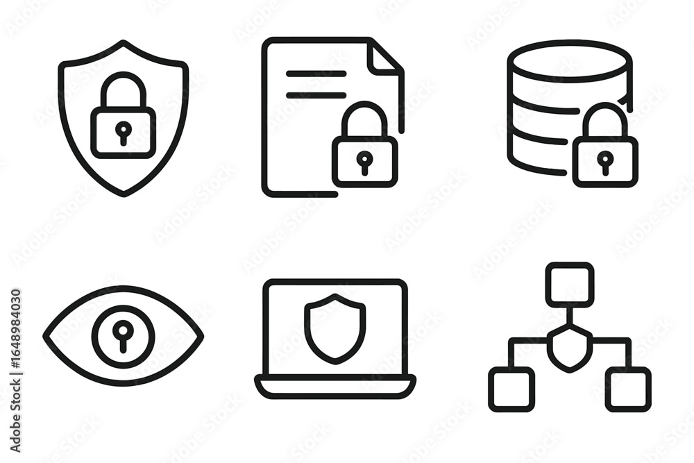 Aufkleber secure digital icons displaying various aspects of cybersecurity and data protection in a minimalist