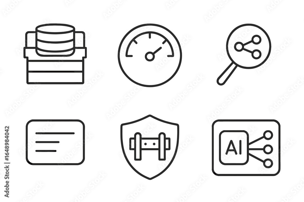 Poster icons representing data management, performance metrics, and artificial intelligence technologies in
