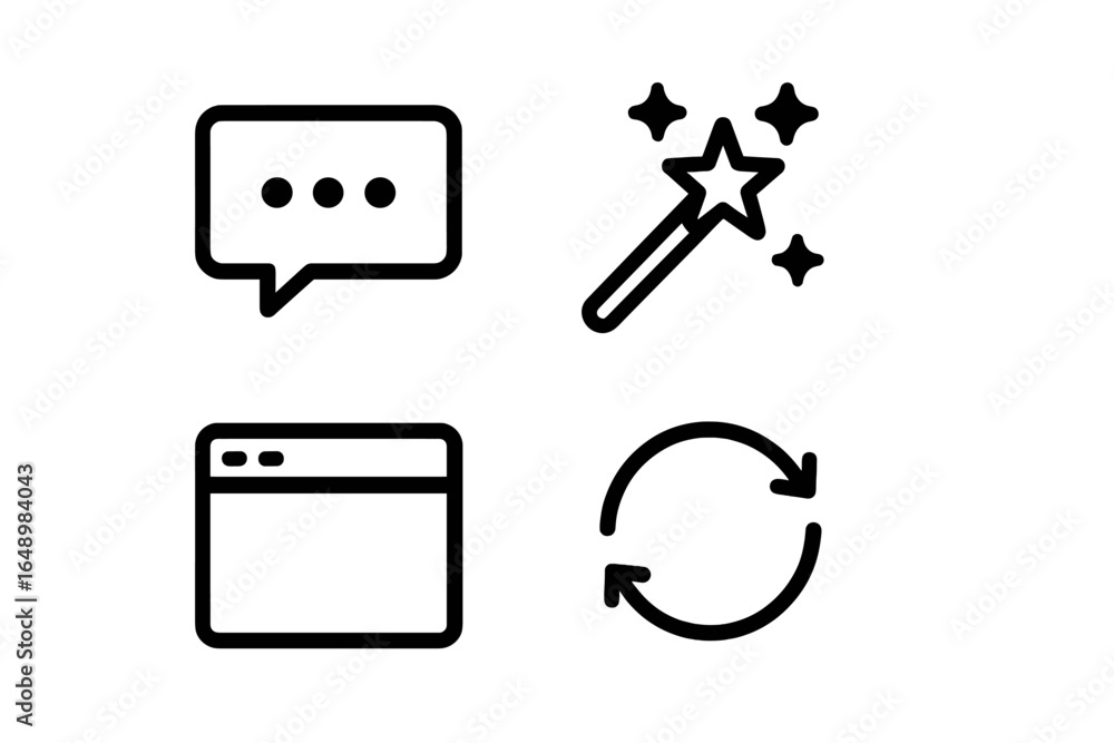 Aufkleber communication icons representing messaging, creativity, web design, and refresh actions in a minimal