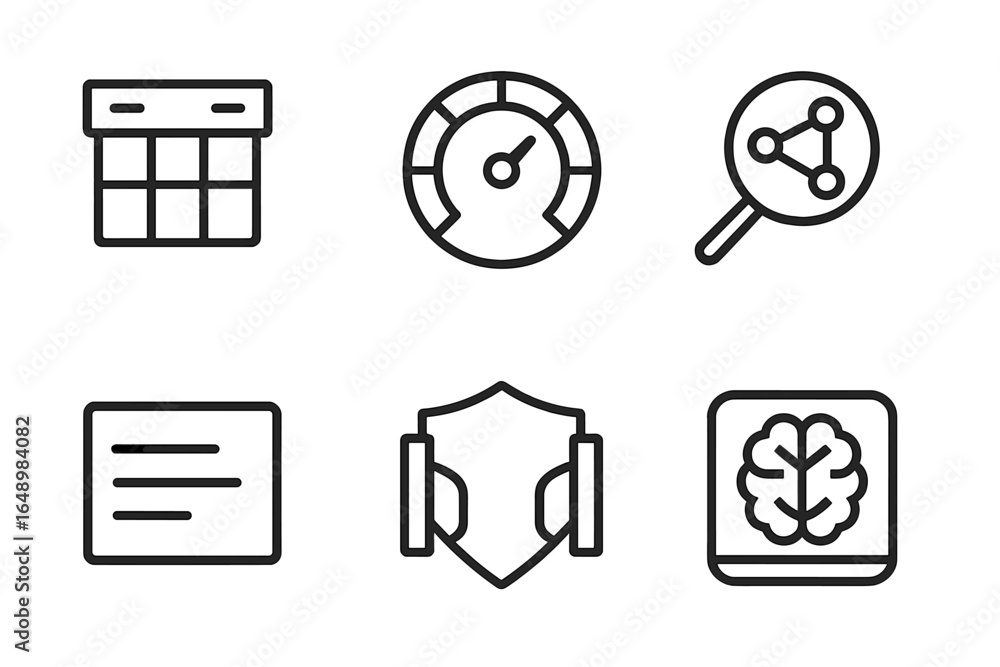 Poster icons representing various digital and analytical concepts displayed in a simple grid layout for edu
